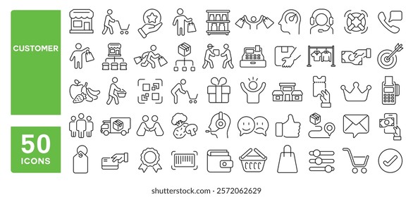 Set of 50 line icons related to customer, shopping, buy, purchase, satisfaction, services, product, payment, client, Editable stroke. Vector illustration