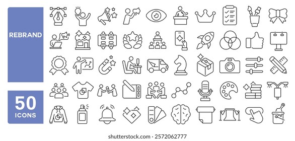 Set of 50 line icons related to rebrand, branding, advertising, marketing, print, strategy, audience, value, market, product, merchandise, Editable stroke. Vector illustration