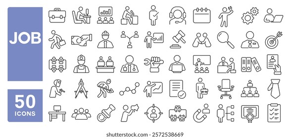 Set of 50 line icons related to job, hire, employment, recruitment, employer, wages, business, interview, resume, career, Editable stroke. Vector illustration