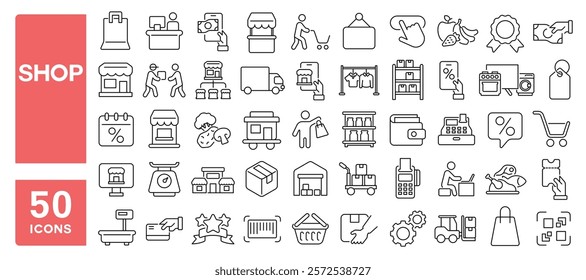 Set of 50 line icons related to shop, market, cart, buy, sell, offer, online, retail, store, payment, client, coupon, delivery, consumer, Editable stroke. Vector illustration