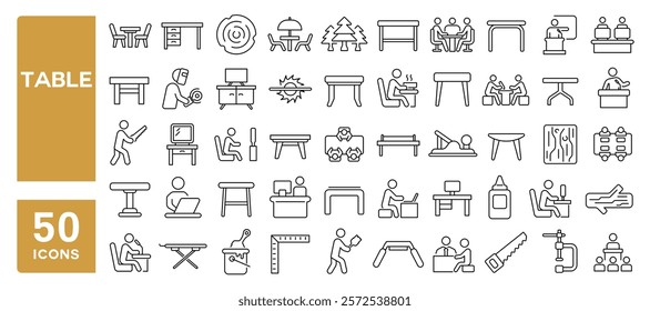 Set of 50 line icons related to table, interior, exterior, wood, office, furniture, wood, carpenter, cabinet, shelf, desk, Editable stroke. Vector illustration