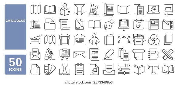 Set of 50 line icons related to catalogue, flyer, brochure, leaflet, booklet, menu, print, paper, envelope, banner, magazine, Editable stroke. Vector illustration