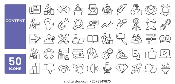 Set of 50 line icons related to content, writer, digital, story, marketing, telling, media, author, page, blog, summary, article, Editable stroke. Vector illustration