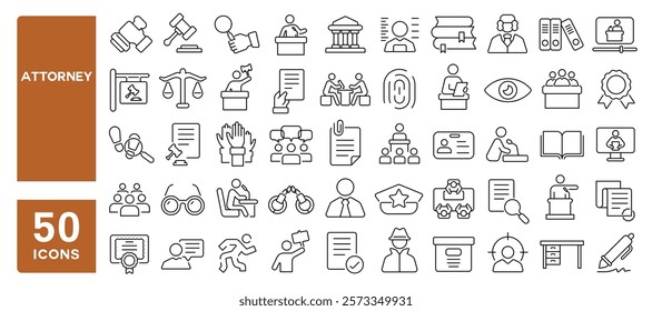 Set of 50 line icons related to attorney, lawyer, law, legal, document, scales, security, defense, investigation, protection, justice, judge, Editable stroke. Vector illustration