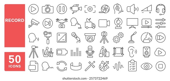 Set of 50 line icons related to record, audio, video, microphone, play, pause, checklist, photo, digital, voice, hear, watch, Editable stroke. Vector illustration