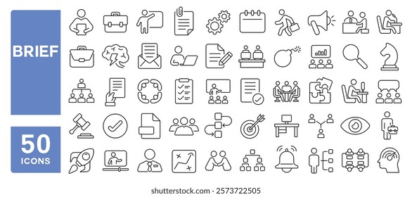 Set of 50 line icons related to brief, briefcase, presentation, business, workshop, brainstorming, discussion, deadline, deliver, final, work, Editable stroke. Vector illustration