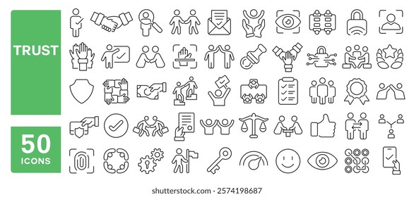 Set of 50 line icons related to trust, reliance, honest, safe, trustworthy, confidence, loyal, responsibility, integrity, credibility, handshake, Editable stroke. Vector illustration