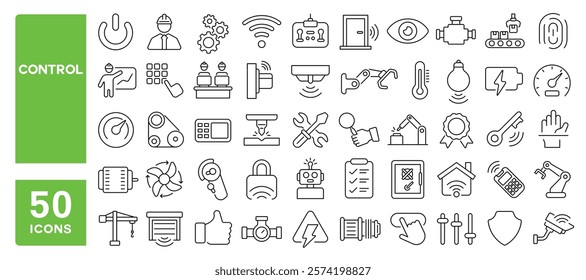 Set of 50 line icons related to control, remote, machine, settings, smart, switch, operation, robotic, security, management, panel, optimization, Editable stroke. Vector illustration