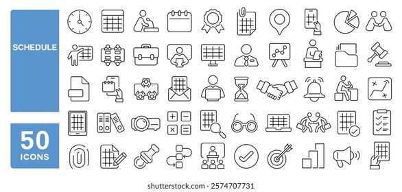 Set of 50 line icons related to schedule, calendar, office, meeting, appointment, planner, alert, work, business, time, Editable stroke. Vector illustration