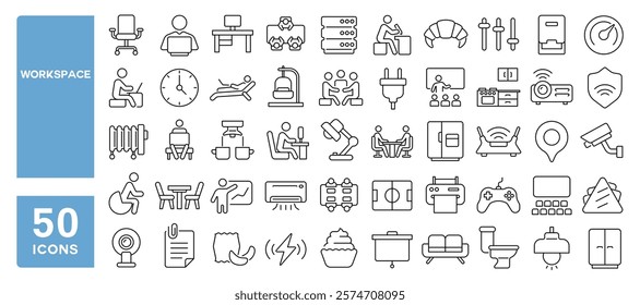 Set of 50 line icons related to workspace, remote, work, area, office, computer, internet, chair, coffee, sofa, services, flexible, part time, Editable stroke. Vector illustration