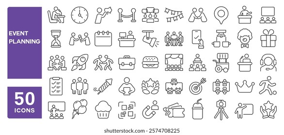 Set of 50 line icons related to event planning, organization, conference, speaker, visitor, entertainment, business, register, ticket, snacks, gift, discussion, Editable stroke. Vector illustration