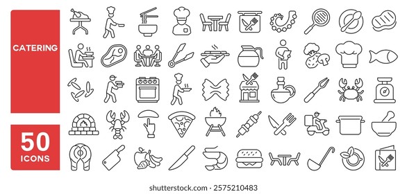 Set of 50 line icons related to catering, chef, food, kitchen, restaurant, dining, table, cooking, knife, fork, plate, cutlery, waiter, Editable stroke. Vector illustration