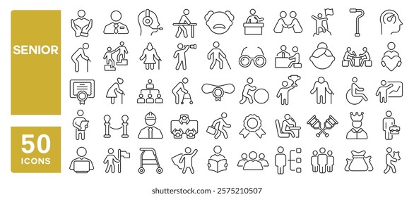 Set of 50 line icons related to senior, old, manager, experience, age, grandparents, cane, retirement, elderly, Editable stroke. Vector illustration