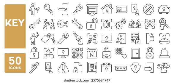 Set of 50 line icons related to key, lock, safety, padlock, unlock, access, password, closed, opened, protection, keyhole, Editable stroke. Vector illustration