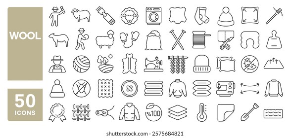 Set of 50 line icons related to wool, sheep, textile, fiber, clothes, fabric, knit, ball, needle, craft, sew, Editable stroke. Vector illustration