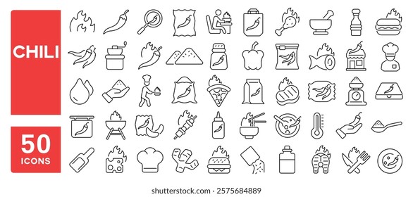 Set of 50 line icons related to chili, hot, pepper, spicy, fire, burning, ripe, red, cook, taste, food, paprika, Editable stroke. Vector illustration