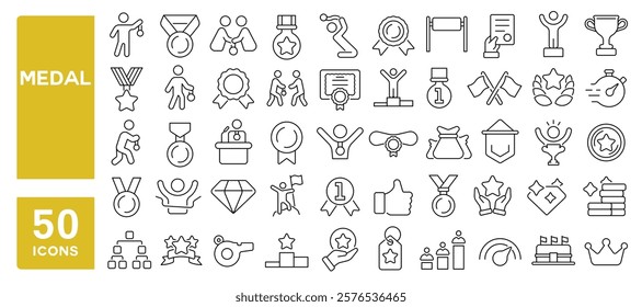 Set of 50 line icons related to medal, gold, bronze, silver, winner, award, prize, victory, champion, first, achievement, triumph, medallion, Editable stroke. Vector illustration