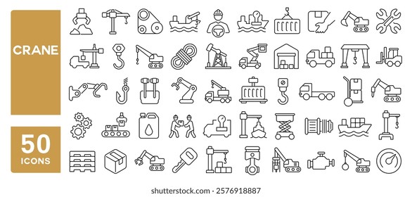 Set of 50 line icons related to crane, lift, hoist, hydraulic, machinery, hook, construction, vehicle, tractor, scaffold, logistic, Editable stroke. Vector illustration