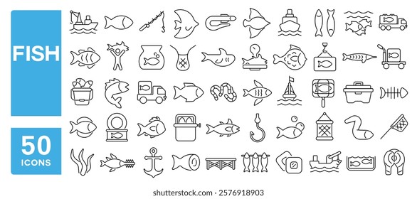 Set of 50 line icons related to fish, tuna, salmon, eel, mackerel, trout, herring, cod, shark, meat, fresh, Editable stroke. Vector illustration