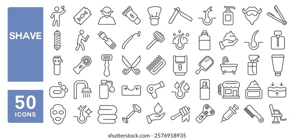 Set of 50 line icons related to shave, beard, barber, hair, razor, blade, cut, style, scissor, brush, care, cream, foam, Editable stroke. Vector illustration