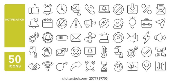 Set of 50 line icons related to notification, reminder, message, alert, inbox, bell, chat, clock, warnings, caution, call, mail, Editable stroke. Vector illustration