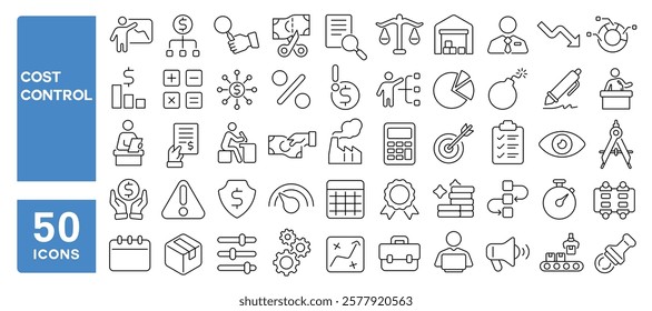 Set of 50 line icons related to cost control, pricing, operation, management, efficiency, audit, quality, workflow, production, project, Editable stroke. Vector illustration