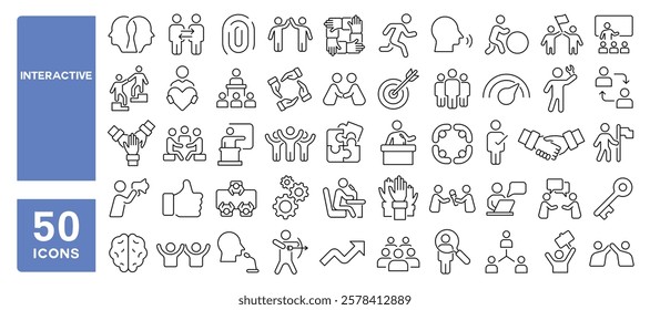 Set of 50 line icons related to interactive, helpful, workshop, communicative, powerful, donation, social, friendly, respect, volunteer, handshake, Editable stroke. Vector illustration