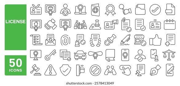 Set of 50 line icons related to license, identity, legal, document, certificate, driving, warranty, scholarship, degree, qualification, Editable stroke. Vector illustration