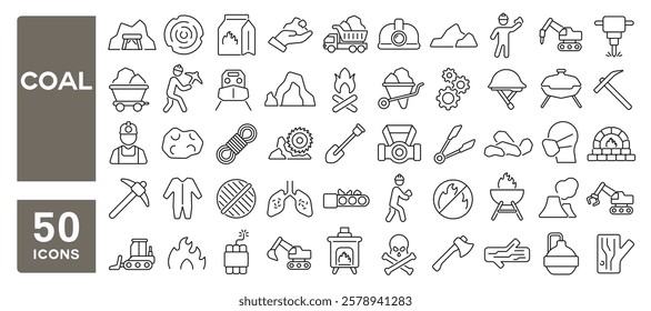 Set of 50 line icons related to coal, mining, factory, extraction, fuel, grill, excavator, wood, miner, cave, charcoal, Editable stroke. Vector illustration