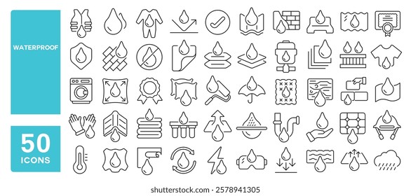 Set of 50 line icons related to waterproof, protection, umbrella, fabric, resistant, moisture, surface, textile, shield, rainproof, hydrophobic, Editable stroke. Vector illustration