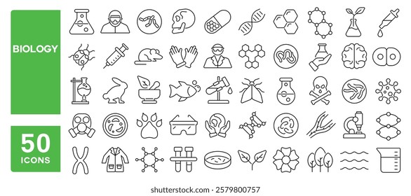 Set of 50 line icons related to biology, genetic, molecule, bacteria, science, lab, micro, scientific, nature, biological, Editable stroke. Vector illustration