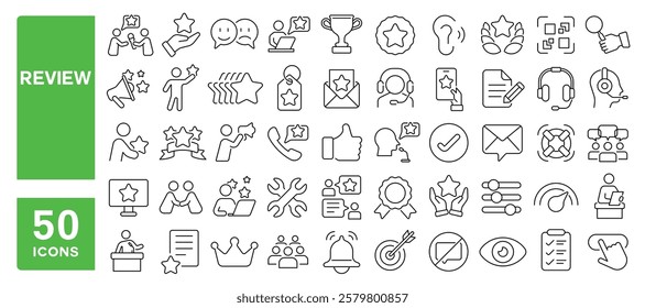 Set of 50 line icons related to review, feedback, star, rating, satisfaction, rank, consumer, quality, opinion, survey, evaluation, excellence, Editable stroke. Vector illustration