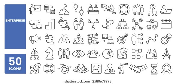 Set of 50 line icons related to enterprise, project, network, business, management, partner, corporate, market, vision, commerce, Editable stroke. Vector illustration