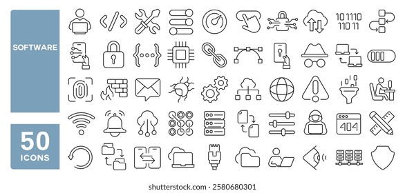 Set of 50 line icons related to software, development, coding, program, application, database, website, interface, site, operation, technology, Editable stroke. Vector illustration