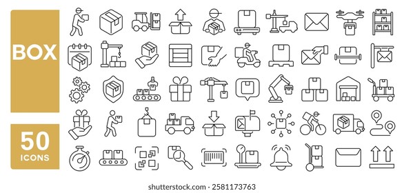 Set of 50 line icons related to box, package, delivery, shipment, distribution, product, parcel, cardboard, gift, cargo, carton, Editable stroke. Vector illustration