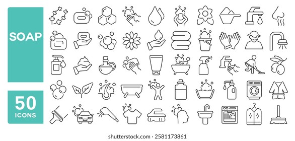 Set of 50 line icons related to soap, wash, hygiene, foam, shower, bath, clean, liquid, towel, sweep, sanitary, Editable stroke. Vector illustration