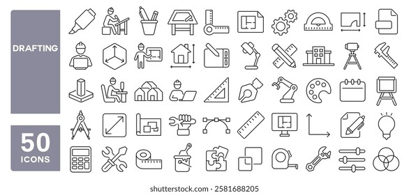 Set of 50 line icons related to drafting, design, measure, architecture, build, draw, modeling, tools, engineering, project, Editable stroke. Vector illustration