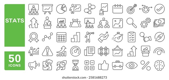 Set of 50 line icons related to stats, graph, chart, statistics, dashboard, optimization, arrow, curve, flow, slices, growth, Editable stroke. Vector illustration