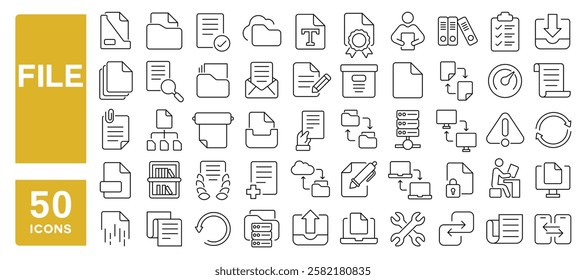 Set of 50 line icons related to file, document, download, form, paper, page, template, information, data, send, archive, folder, Editable stroke. Vector illustration