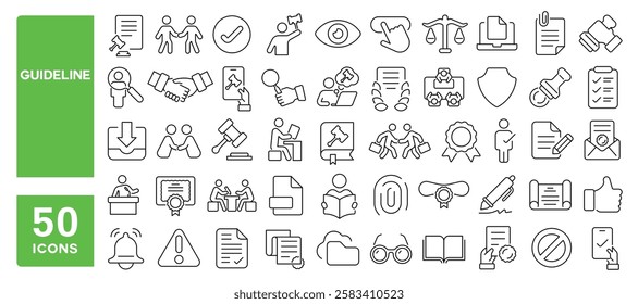 Set of 50 line icons related to guideline, regulation, policy, terms, law, conduct, compliance, restrictions, authority, document, penalty, rules, Editable stroke. Vector illustration