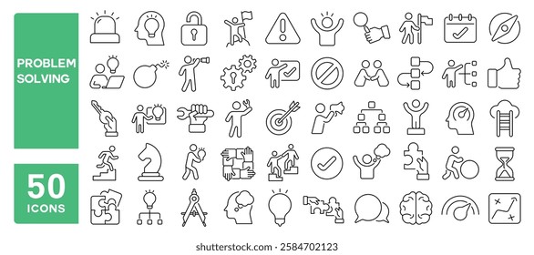 Set of 50 line icons related to problem solving, solution, skills, issue, thinking, ideas, help, search, opinion, target, result, resolve, Editable stroke. Vector illustration