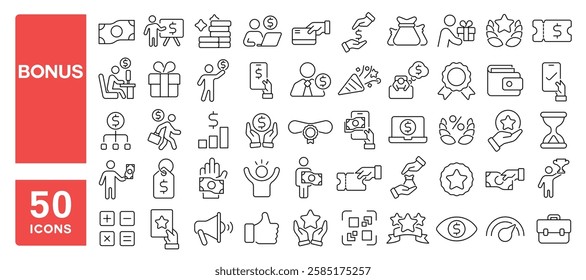 Set of 50 line icons related to bonus, benefits, money, salary, present, coupon, gift, loyalty, value, award, incentive, Editable stroke. Vector illustration