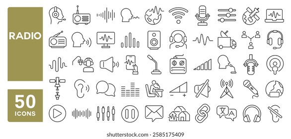 Set of 50 line icons related to radio, audio, podcast, news, waves, blog, communication, microphone, voice, talk, discussion, frequency, Editable stroke. Vector illustration