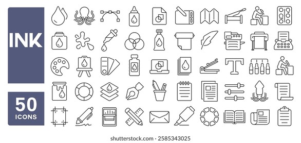 Set of 50 line icons related to ink, quill, swatch, write, design, font, print, pen, color, art, draw, palette, feather, Editable stroke. Vector illustration