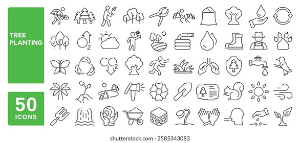 Set of 50 line icons related to tree planting, plant, drought, watering, growing, soil, leaves, botany, forest, green, pine, palm, trees, nature, Editable stroke. Vector illustration