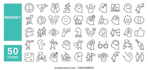 Set of 50 line icons related to mindset, positive, thinking, brainstorm, leader, cognition, smart, intelligence, focus, success, skills, mind, brain, Editable stroke. Vector illustration