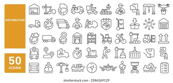 Set of 50 line icons related to distribution, trading, logistic, worldwide, delivery, truck, ship, plane, freight, transportation, package, loading, storage, Editable stroke. Vector illustration