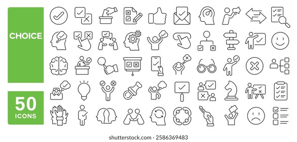 Set of 50 line icons related to choice, choose, decision, election, selection, variety, option, true, false, agreement, dilemma, opinion, checkbox, Editable stroke. Vector illustration