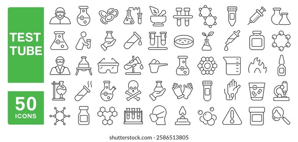 Set of 50 line icons related to test tube, beaker, flask, glassware, lab, chemistry, science, drop, liquid, analysis, jar, glass, bottle, reaction, Editable stroke. Vector illustration