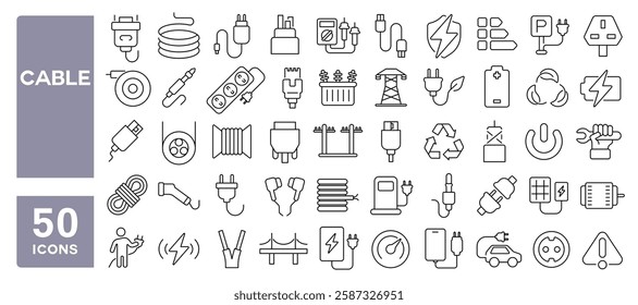 Set of 50 line icons related to cable, optical, fiber, plug, cord, port, electrical, connector, charger, socket, lan, wire, Editable stroke. Vector illustration